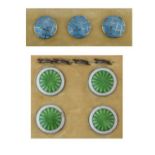 Set of four George V silver and green enamel buttons, makers J. Aitkin & Son, Birmingham 1912,