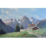 H. Bork (20th Century) - Oil on canvas - An alpine landscape with church, signed, 36.5cm x 57cm
