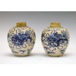 Pair of Chinese ovoid jars, each having blue and white painted decoration depicting Fo Dogs, the