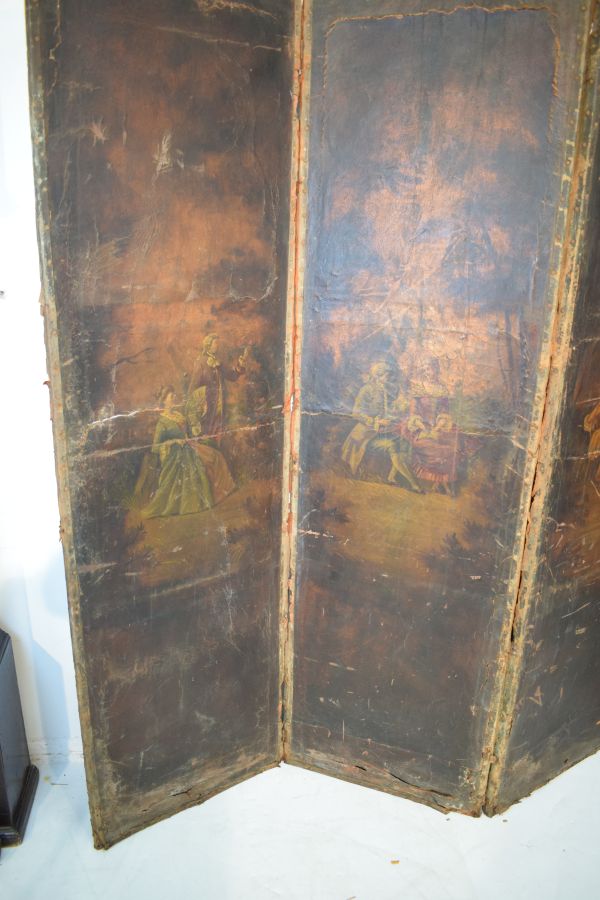 19th Century Continental painted leather single sided four fold screen, each section decorated - Image 3 of 8