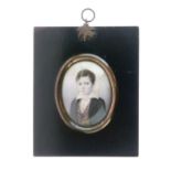 19th Century English School - Oval miniature - Portrait of a young boy wearing a floral waistcoat