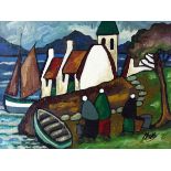 After Markey Robinson (1918-1999) - Oil on board - A lakeside view with thatched cottages and