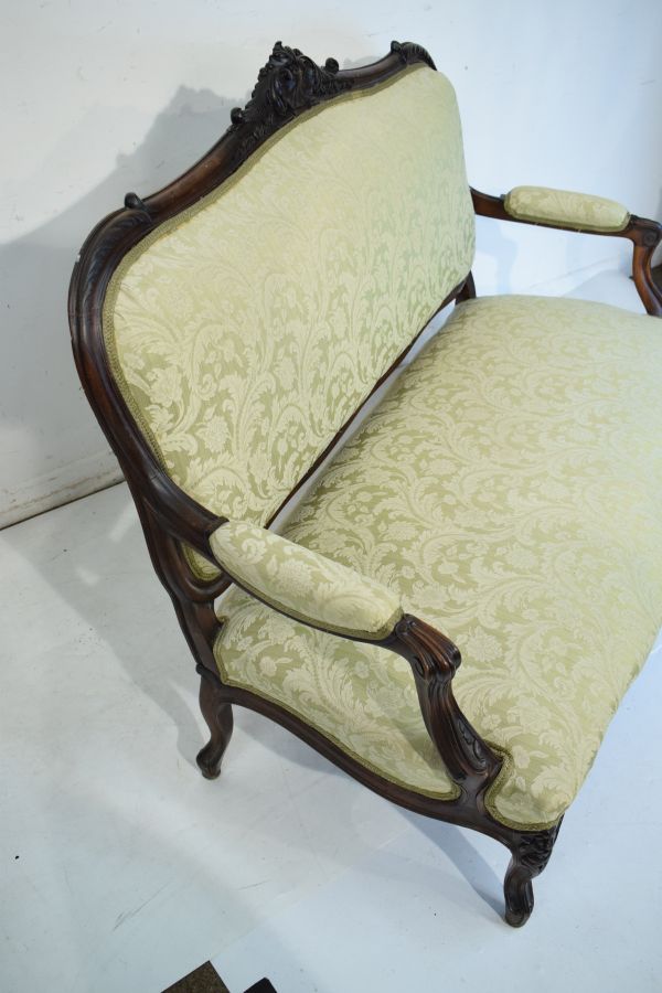 Edwardian carved walnut framed two seater drawing room settee upholstered in pale green and off- - Image 2 of 5