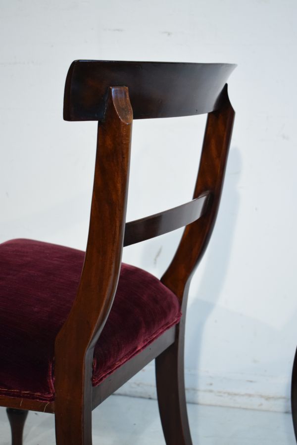 Set of eight William IV mahogany yoke back dining chairs, the seats upholstered in deep red plush - Image 6 of 7