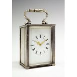 Victorian silver cased miniature carriage clock, the white enamel dial with Roman numerals and