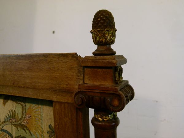 Pair of French carved walnut and giltwood open arm elbow chairs, each upholstered in floral - Image 4 of 7