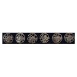 Set of six white metal buttons, with pierced figural decoration, makers mark for Britton, Gould &