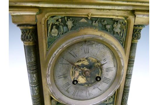 19th Century French brass cased mantel clock of Egyptian influenced architectural design, the case - Image 7 of 8