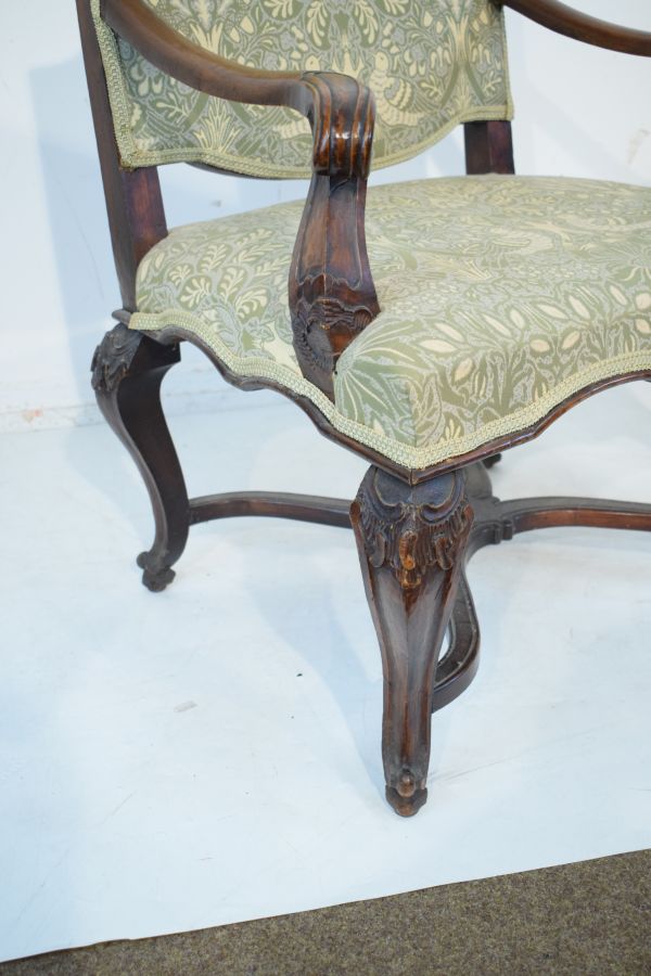 Pair of late 19th Century Continental carved beech and walnut open arm elbow chairs, possibly - Image 3 of 6