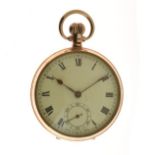 Anonymous - 9ct gold open faced pocket watch, the enamel dial with black Roman numerals, sunken