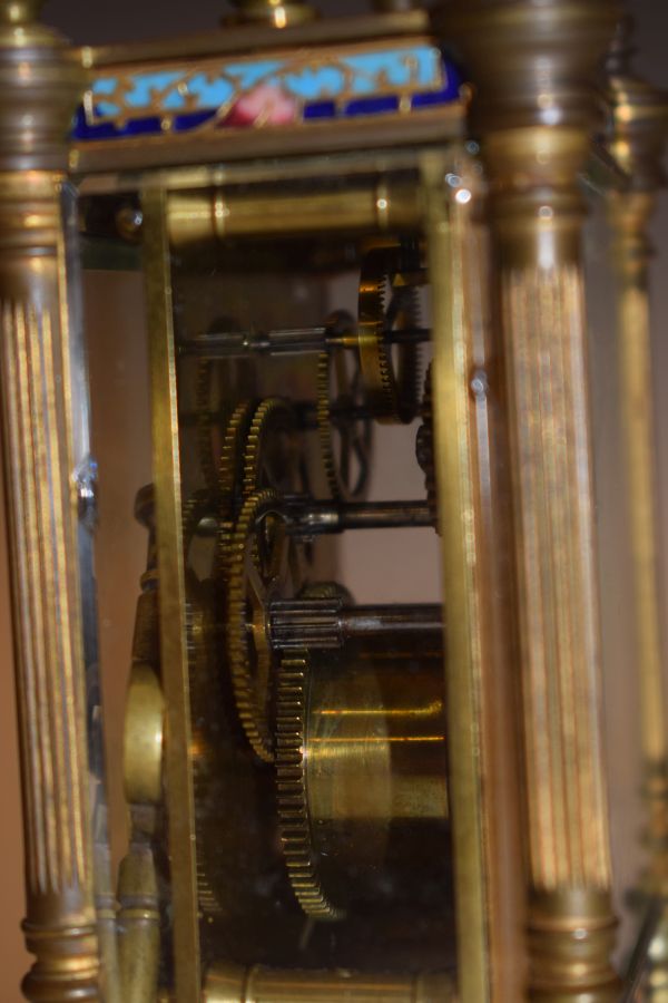 Late 19th Century French brass and enamel cased carriage clock, the case with a reeded pillar to - Image 5 of 9