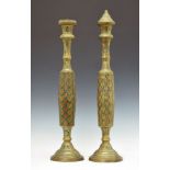 Pair of early 20th Century Indian Benares type polychrome decorated engraved brass table lamps,