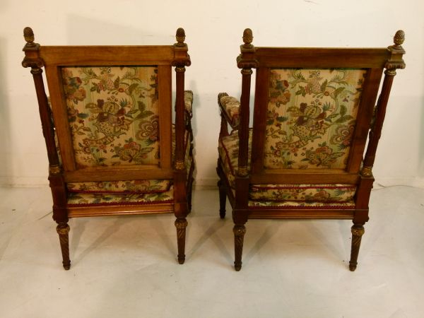 Pair of French carved walnut and giltwood open arm elbow chairs, each upholstered in floral - Image 3 of 7