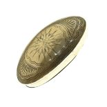 Edwardian nickel plated Welsh miner's snuff box of oval form having allover engraved decoration