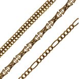 Two 9ct gold filed curb link bracelets together with a 9ct gold fancy link bracelet, the clasp