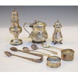 Two silver pepperettes, Victorian mustard pot, London 1849, Georgian sugar tongs etc Condition: