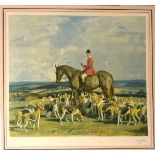 After Sir Alfred Munnings - Signed coloured print - 'Stanley Barker and the Pytchley hounds',