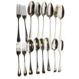 Twelve matched Georgian silver Old English pattern dessert spoons, together with four similar forks,