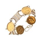 Gold Coins - Four George V sovereigns, 1913, mounted within a 9ct gold gate link bracelet Condition: