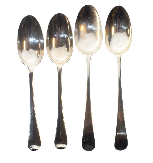 Two pairs of Georgian silver tablespoons, hallmarks worn, 9.5oz approx Condition: