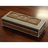 Early 20th Century Indian carved sandalwood rectangular box decorated with ivory and sadeli bands