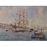 Frank Shipsides - Signed coloured print - 'The Tall Ships at Dartmouth', bearing Fine Art Guild