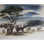 Limited edition coloured print - Elephants in landscape, numbered 167/750, signed in pencil,