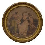 Pair of 19th Century circular coloured prints depicting classical figures, within gilt frames