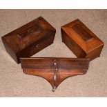 Two Victorian sarcophagus shaped tea caddies and an inlaid mahogany wall shelf Condition:
