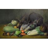 20th Century Continental School - Oil on canvas laid on board - Still life with fruit and fish