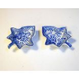 Pair of 19th Century English blue and white transfer printed leaf shaped pickle dishes, each