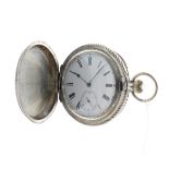 Gentleman's engraved silver cased full hunter top wind pocket watch, the case decorated with a