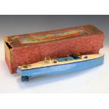 Hornby tinplate clockwork 'Racer' speedboat in blue and cream, boxed Condition: