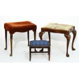 Queen Anne style walnut and beech framed dressing stool on cabriole supports together with two other