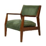 1950's period hardwood framed open arm fireside chair upholstered in green dralon Condition: