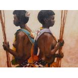 Tony Hudson - Oil on board - Swaziland Reed Dancers, signed and dated '86, 44cm x 59cm, framed and