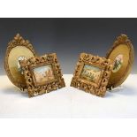 Pair of prints on silk - Botanic studies in decorative gilt frames together with a pair of oils on