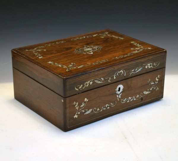 Victorian mother-of-pearl inlaid rosewood work box, the hinged cover opening to reveal a fitted