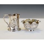 Victorian embossed silver christening mug, London 1854 together with an Indian white metal bowl
