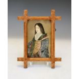 Japanese painting on silk depicting a lady holding a fan, in an oak frame Condition: