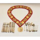 Various white metal spoons etc together with a R.A.O.B. sash Condition: