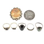 Various gold and other rings and two brooches, 5.7g gross approx Condition: