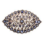 White metal oval brooch set diamonds and sapphire coloured stones, 19.9g approx, 7.4cm wide