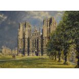 Alan Wright - Two oils on board - Wells Cathedral and Exeter Cathedral, each signed with initials,