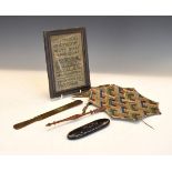 19th Century embroidered face screen, lacquered spectacles case, needlework sampler and a paper