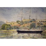 C.J.Morgan - Watercolour - Sailing ship in Bristol City Docks, signed and framed Condition: