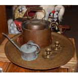 Quantity of copper and brassware including: kettle, Benares style tray, watering can etc Condition: