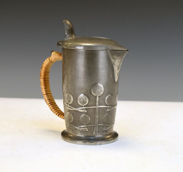 Liberty & Co English Pewter hot water jug, designed by Archibald Knox, decorated with the Honesty