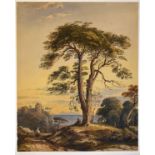 Attributed to John Varley - Watercolour - Landscape with figures seated beneath a tree, unsigned,