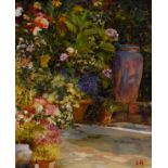 Loes Agoust - Pair of oils on board - Garden Scenes, each signed with initials, framed and glazed
